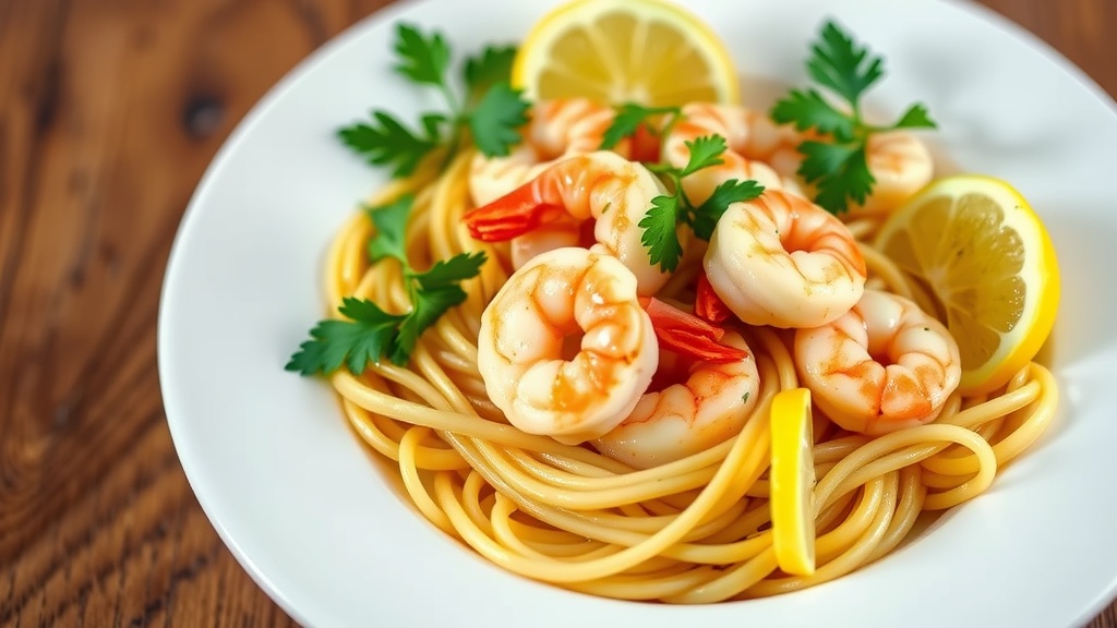 Garlic Butter Shrimp Scampi Recipe Garlic butter shrimp scampi served over linguine, garnished with parsley and lemon on a rustic wooden table.